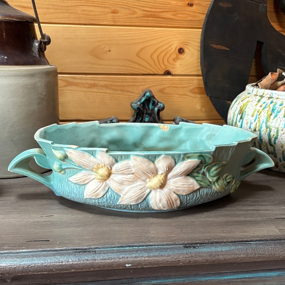 Vintage Roseville Floral Ceramic Art Bowl - Teal and White, see notes